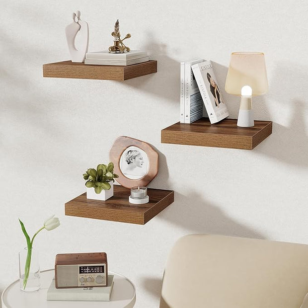 Fun Memories 12 Inch Square Floating Shelves 3 Pack - Wall Shelves with Invisible Brackets, Small Floating Shelves for Wall, Walnut Wood Shelves for Bathroom, Living Room, Bedroom, and Kitchen Decor
