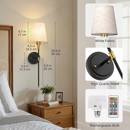 DORESshop Battery Operated Wall Sconce Set of 2, 7 Color Wireless Wall Light Easy to Install, Sconce Wall Decor Set of 2 for Bedroom, Living Room, Fabric Linen Shade, Gold and Black, 24.6in
