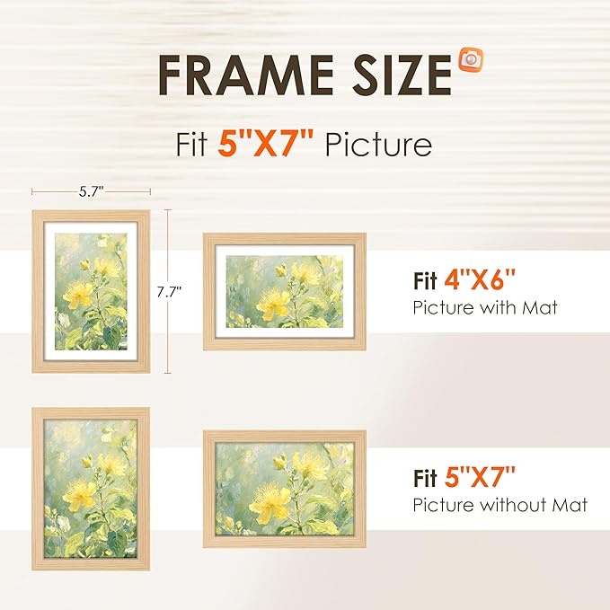 FIXSMITH 5x7 Picture Frame Set of 4, Photo Frame with HD Plexiglass, Display Pictures 4x6 with Mat or 5x7 Without Mat Multi Picture Frames Collage for Tabletop or Wall Display, Natural