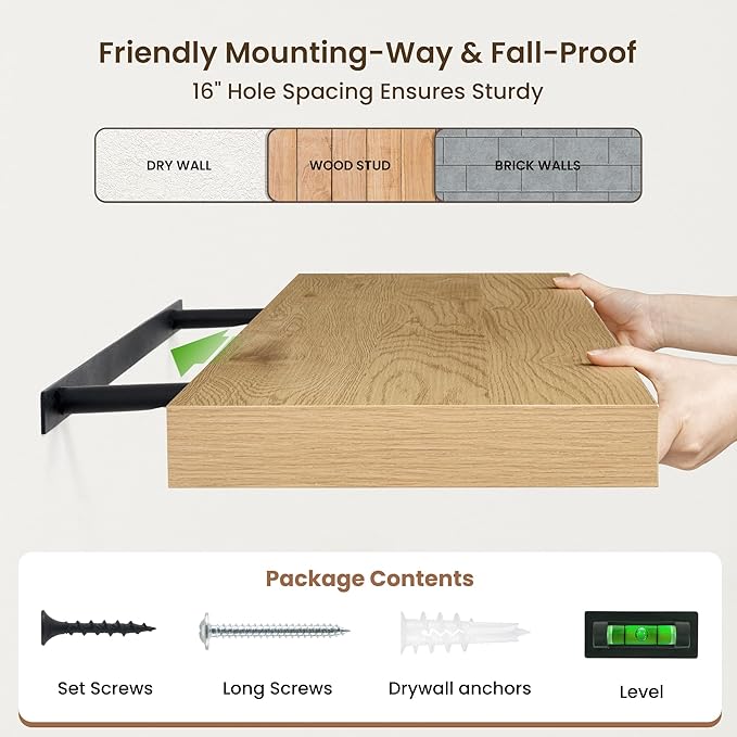 Deep Floating Shelves | 40 Inch Oak Floating Shelves Set of 2 | 12 Inch Deep Wood Wall Shelves | 40