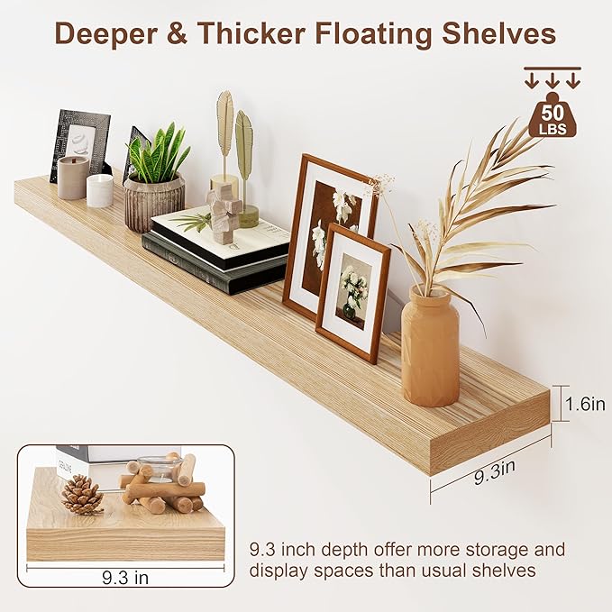 RICHFOCUS Floating Shelves for Wall | 9.3 Inch Deep Rustic Long Floating Shelves with Solid Ash Wood Veneer Set of 1 | 55 Inch Shelves with Upgraded Brackets | for Living Room Bathroom Home Office