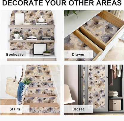 Purple Watercolor Floral Peel and Stick Wallpaper, 118" x 17.3" Vintage Removable Waterproof Self Adhesive Wall Paper, Brown Flower Contact Paper Peel and Stick for Classroom Cabinets 14.4 sq.ft
