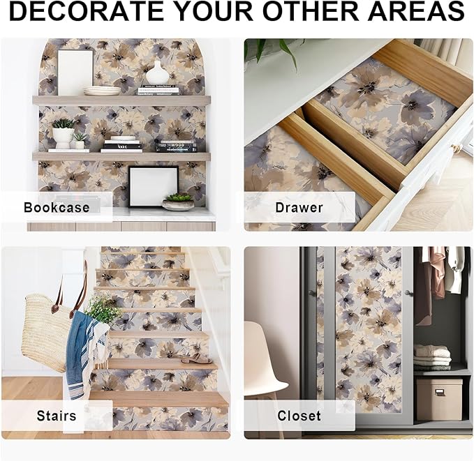 Purple Watercolor Floral Peel and Stick Wallpaper, 393" x 17.3" Vintage Removable Waterproof Self Adhesive Wall Paper, Brown Flower Contact Paper Peel and Stick for Classroom Cabinets 48.5 sq.ft