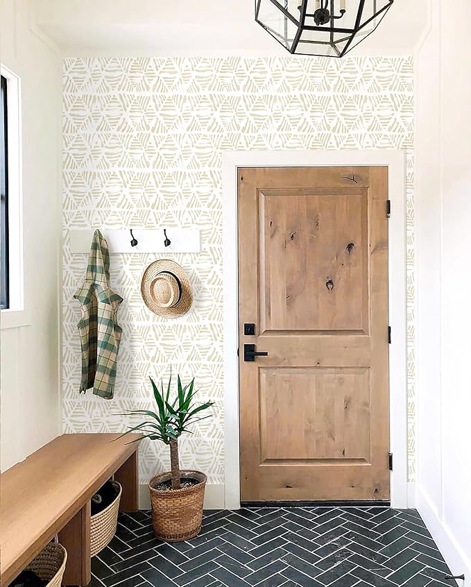 Peel and Stick Wallpaper Boho Wallpaper Geometric Beige and White Contact Paper Modern Striped Self-Adhesive Removable Wall Paper for Bedroom Cabinets Drawers Vinyl Roll 17.3" x 78.7"