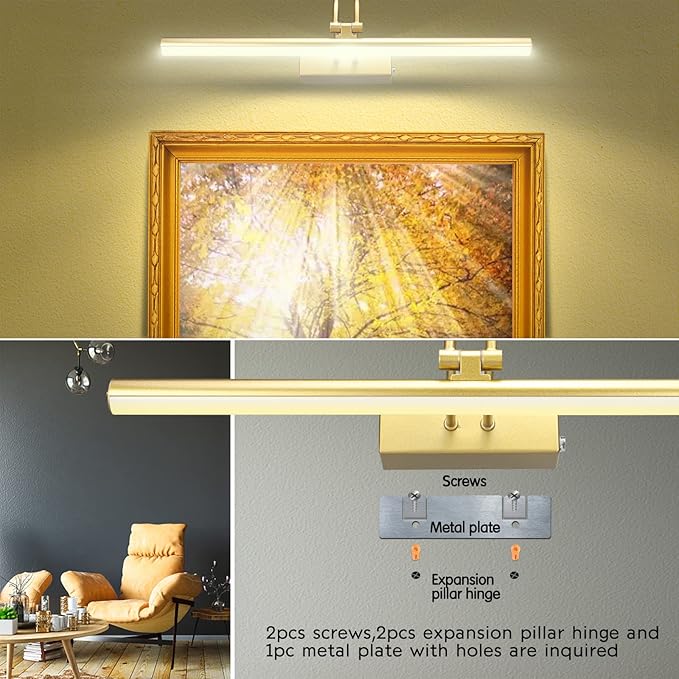 Picture Light,Picture Lights for Wall Cordless,20" Picture Lights with Timer and Dimmable,Battery Wall Lights for Display Gallery Painting Art Frame Portrait-Gold