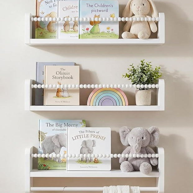 Nursery Book Shelves for Wall Set of 3, White Natural Wood Bookshelf Wall Decor, Small Floating Shelf Organizer for Kids Room, Bedroom, Kitchen Spice Rack
