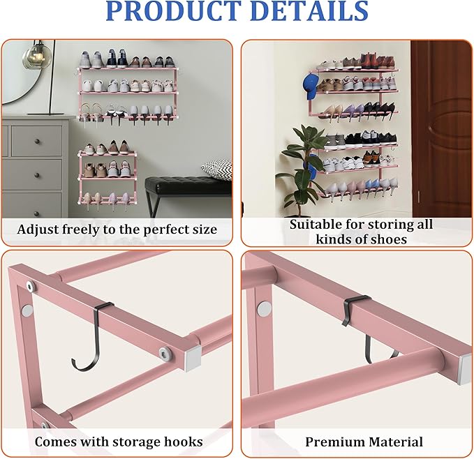 Wall Mounted Shoe Rack, 3 Tier Hanging Shoe Rack Holds 12 Pairs, 17