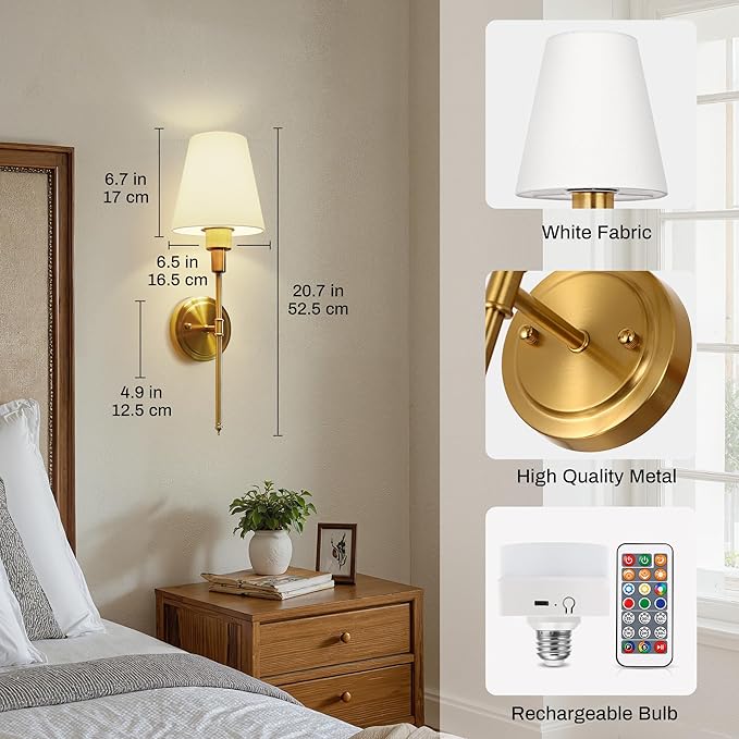 DORESshop Battery Operated Wall Sconce Set of 2, Wall Light Wireless Easy to Install, Dimmable and Adjustable Sconces Wall Decor, Rechargeable Wall Lamp for Bedroom, Living Room, Gold 20.7in