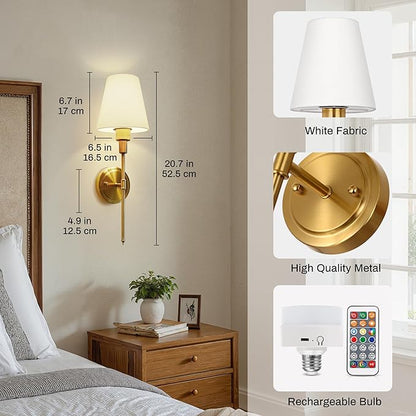 DORESshop Battery Operated Wall Sconce Set of 2, Wall Light Wireless Easy to Install, Dimmable and Adjustable Sconces Wall Decor, Rechargeable Wall Lamp for Bedroom, Living Room, Gold 20.7in