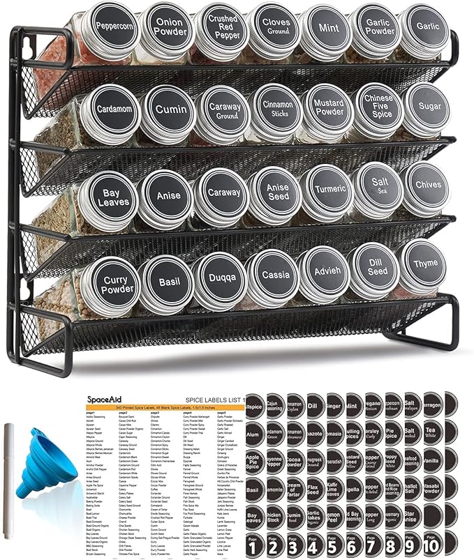 SpaceAid Spice Rack Organizer with 28 Spice Jars, 386 Spice Labels, Chalk Marker and Funnel Set for Cabinet, Countertop, Pantry, Cupboard or Door & Wall Mount - 28 Jars, 13.4