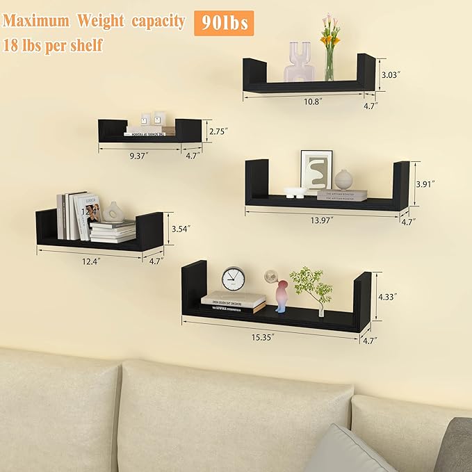 Black Floating Shelves for Wall Shelf for Bedroom, Waterproof Solid Wood Floating Shelves Bathroom，Small Relief Textures, Suitable for Bedroom, Living Rooms, Kitchens, Office, and Bathroom