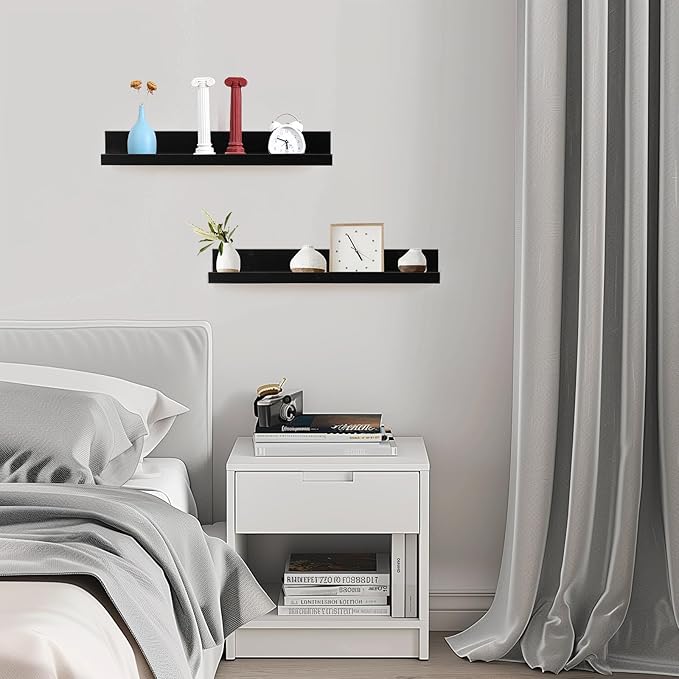 Muzilife 24" Small Floating Wall Ledge Shelves with Lip - Set of 2 Wood Floating Shelves - Black Wall Mounted Picture Ledge for Office, Bathroom, Bedroom, Living Room, Kitchen