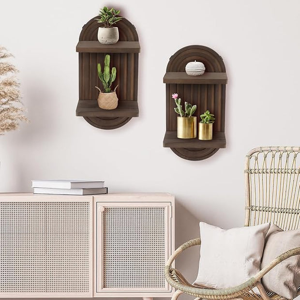 2 Pcs Modern Boho Wooden Rainbow Wall Shelves Shelf Decor, Wood Wall Mount Book Shelf, Floating Shelves for Living Rooms Bathroom Wall Decor Display (04)