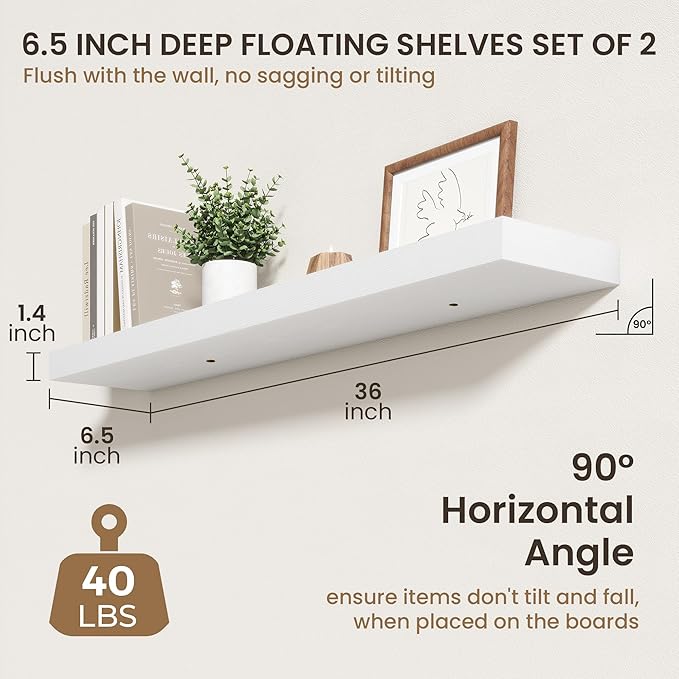 36 Inch Floating Shelves | 6.5 Inch Deep White Floating Shelves Set of 2 | 36" W x 6.5" D Rustic White Wood Wall Shelves with Invisible Brackets for Bathroom Living Room Bedroom