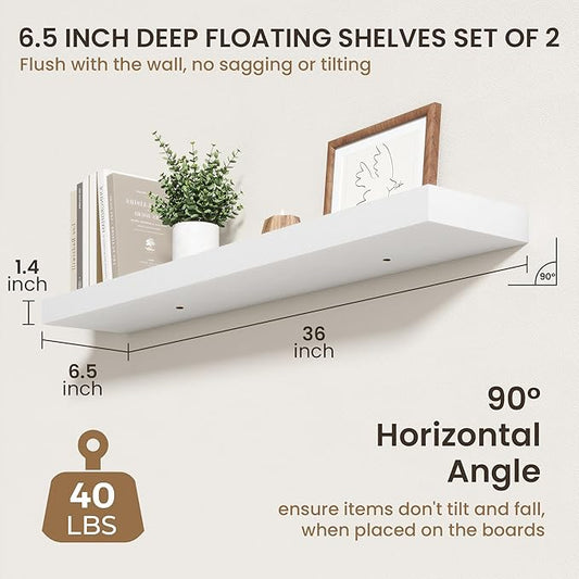 36 Inch Floating Shelves | 6.5 Inch Deep White Floating Shelves Set of 2 | 36" W x 6.5" D Rustic White Wood Wall Shelves with Invisible Brackets for Bathroom Living Room Bedroom