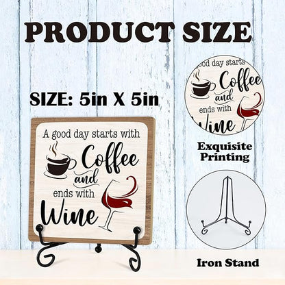 Coffee And Wine Desk Decor Sign, Rustic Wooden Sign With Stand, A Good Day Starts With Coffee And Ends With Wine Sign For Farmhouse Home Kitchen Bar Shelf Table, Gifts For Family Friend Coworker-05