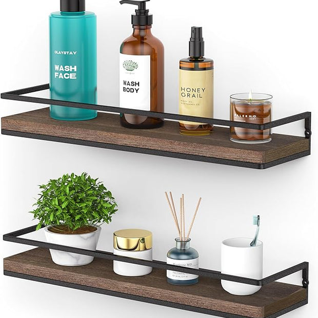 Meangood Floating Shelves Wall Mounted Set of 2, Rustic Wood Wall Storage Shelves for Bedroom,Living Room,Bathroom, Kitchen Brown