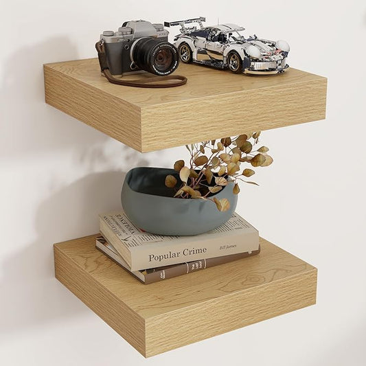 Square Floating Shelves for Wall, 12" W x 12" D x 2" H, 2 Pack of Small Wall Mounted Engineered Wood Shelves with Invisible Brackets for Living Room, Bedroom, Bathroom, Kitchen Decor, Oak