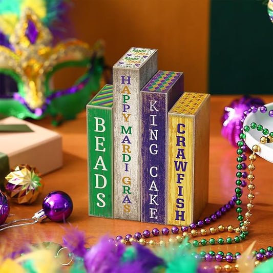4 Pcs Mardi Gras Table Decor Rustic Wooden Book Sign Carnival Tiered Tray Decor Farmhouse Tabletop Sign Centerpieces for Mardi Gras Carnival Home Shelf Decoration