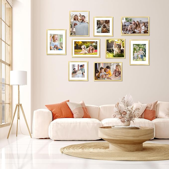 FIXSMITH 11x17 Picture Frame Gold Set of 4, Photo Frame with HD Plexiglass, Display Pictures 9x15 with Mat or 11x17 Without Mat, Gold Picture Frames Collage Wall Decor, Gallary Wall Frame