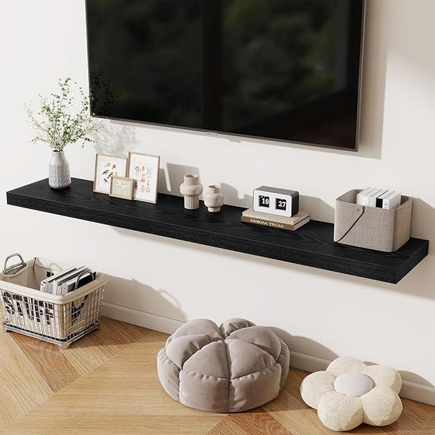 Fun Memories 72 Inch Fireplace Mantel Shelf, 12 Inch Deep Shelves for Display & Wall Storage, Rustic Wood Wall Shelf, Extra Long Floating Shelves for Living Room Laundry Room, Black, Set of 1