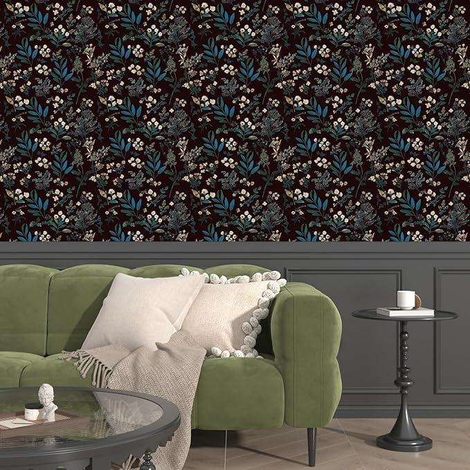 Vintage Green Wallpaper Peel and Stick Dark Floral Wallpaper 17.5'' x 393'' Green Leaf Contact Paper Vinyl Waterproof Self Adhesive Boho Botanical Wall Paper for Bedroom Cabinet Décor