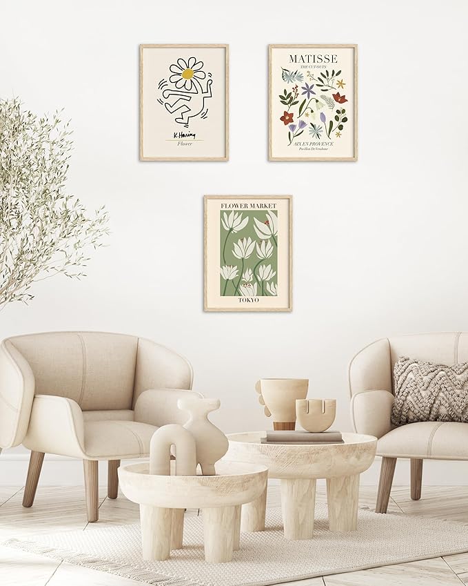 Abstract Matisse Wall Art Decor,Unframed Flower Market Print Posters Set of 3,12x16in Green Quality Canvas Paintings for Home Decoration in Bathroom,Living Room,Bedroom