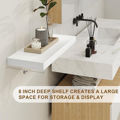 Fun Memories White Floating Shelves, 8 Inch Deep Wall Shelves Set of 2, Rustic Deep Shelves for Wall Storage, 24 x 8 Floating Shelves, 8" White Shelf for Bedroom, Living Room, Kitchen