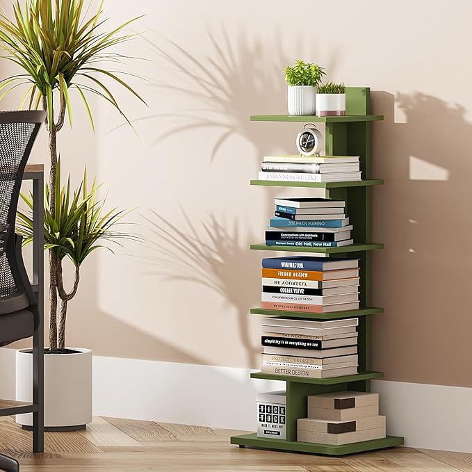 TUTOTAK Bookshelf, 6-Tier Bookcase, Narrow Spine Book Shelf for Small Space, Corner Standing Shelf for Living Room, Office, Study, Entryway, Olive Green BS06BOG016