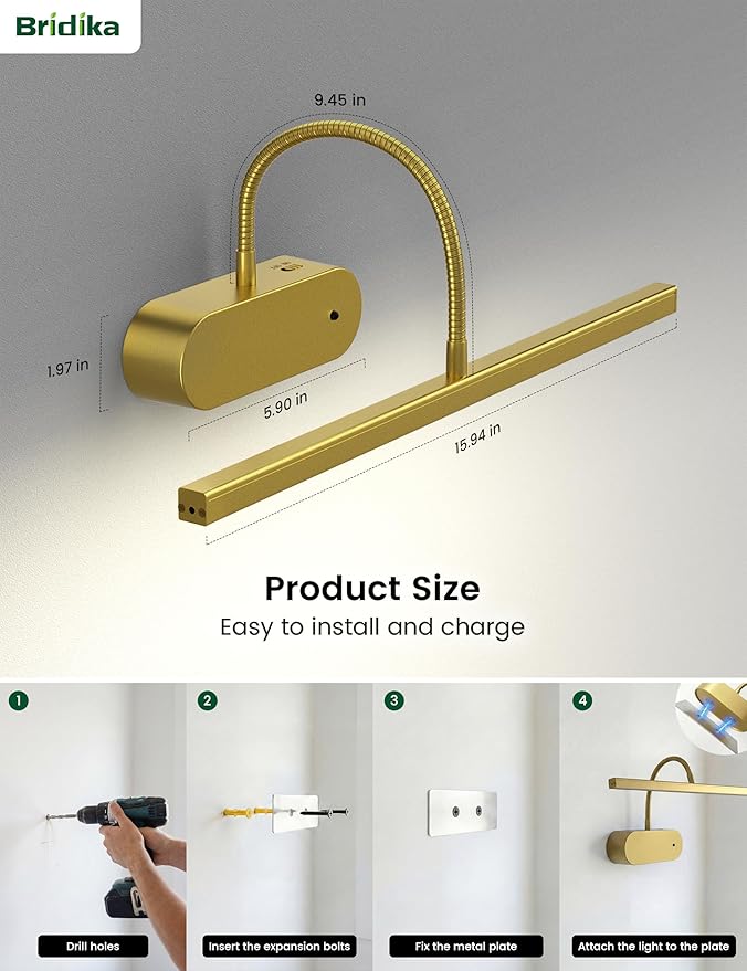 Picture Lights for Wall Battery Operated, Wireless Art Lights for Painting Remote Control, Flexible Gooseneck, 3 Colors & Dimmable Wall Light for Picture, Artwork, Portrait with Timer (Gold, 2 Pack)
