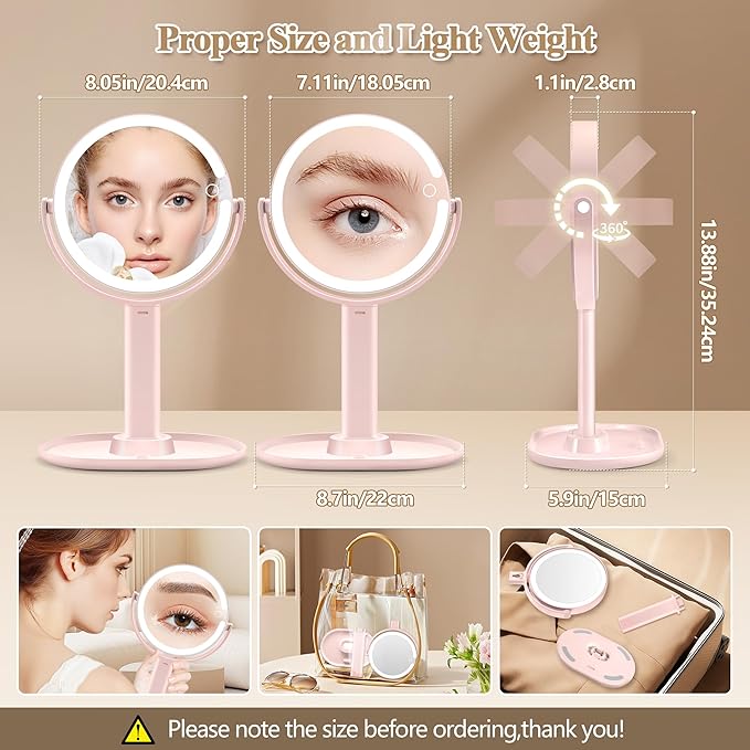 Makeup Mirror with Lights, Double Sided 1x/30x Magnifying Mirror with Light, Rechargeable 3 Color Lights and Adjustable Brightness, 360° Rotation Detachable Comes with Tweezer(Blush-30X)