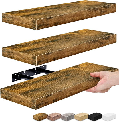 Sorbus Floating Shelves for Wall – 16 Inch Floating Shelf for Kitchen, Bedroom, Living Room, Bathroom, Home & Wall Decor - Mounted Bathroom Shelves with Invisible Brackets (Rustic Brown, 3 Pack)