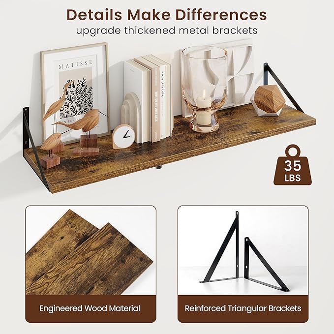 Axeman Deep Floating Shelves | 36 Inch Brown Wall Shelves Set of 2 | 10 Inch Deep Wood Floating Shelves for Wall | 36