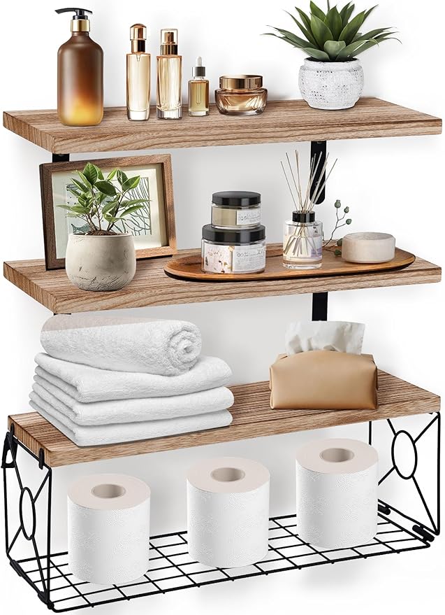 Bathroom Shelves Over Toilet Set of 3, 15.8 inch Floating Shelf with Storage Basket, Floating Shelves for Wall, Wood Wall Mounted Shelf for Bathroom Living Room Bedroom Kitchen, Rustic Brown