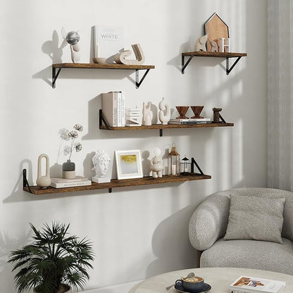 Floating Shelves, 8 Inch Deep Rustic Wood Wall Storage, 48W x 8D Wall Shelves Set of 2, Heavy Duty Metal Brackets, Industrial Book Shelf for Living Room, Kitchen, Bathroom, Bedroom, Brown