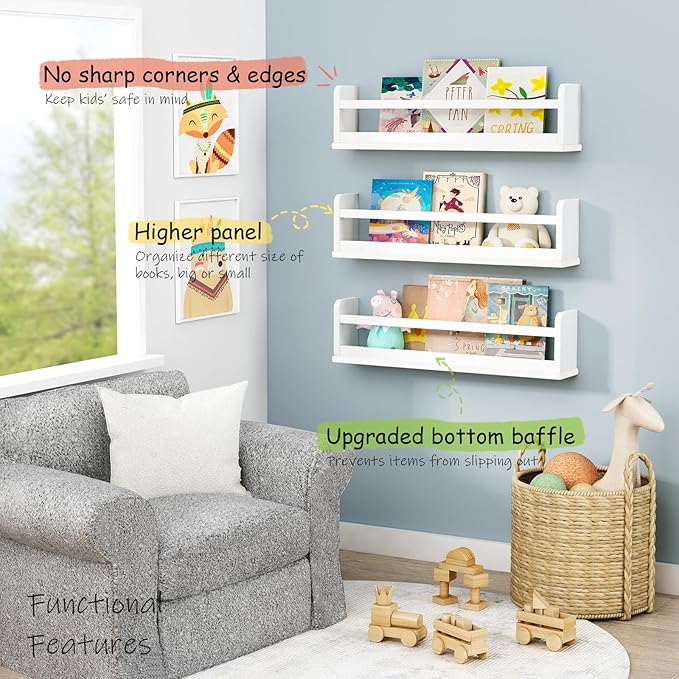 White Wall Bookshelf for Kids Room, 24 Inch Toddler Nursery Bookshelf Wall Mounted for Baby Boy Girl Bedroom, Floating Childrens Book Shelves with Hanging Rod for Books - Set of 3