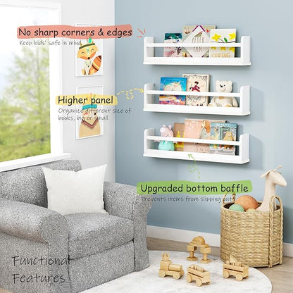 White Wall Bookshelf for Kids Room, 24 Inch Toddler Nursery Bookshelf Wall Mounted for Baby Boy Girl Bedroom, Floating Childrens Book Shelves with Hanging Rod for Books - Set of 3