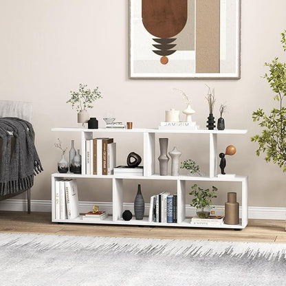 Tangkula 2 Tier Geometric Bookshelf, Freestanding Wood Display Shelf, Home Office Room Divider S Shaped Open Bookcase, Small Bookshelf for Small Spaces, Living Room, Study (White, 2)