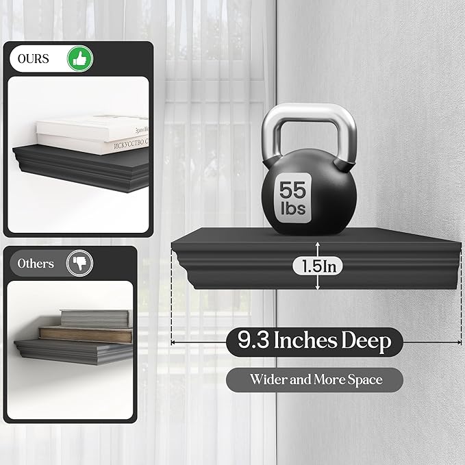 Fun Memories Floating Shelves 55 Inch Long, 9.3 Inch Deep Classic Crown Molding Floating Shelves for Wall, Rustic Wooden Shelves for Wall Decor Bathroom, Kitchen, Office, (Black, 1Pack)