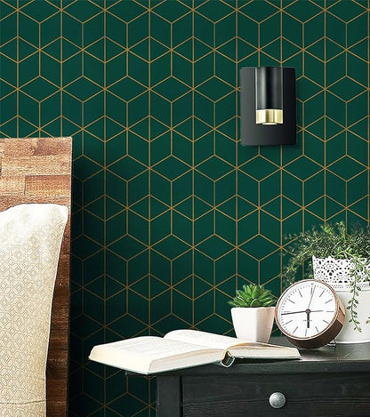 Safiyya Peel and Stick Wallpaper Gold and Dark Green Wallpaper Geometric Contact Paper Textured Self Adhesive Removable Wall Paper for Walls Vinyl Roll 393"x17.3"