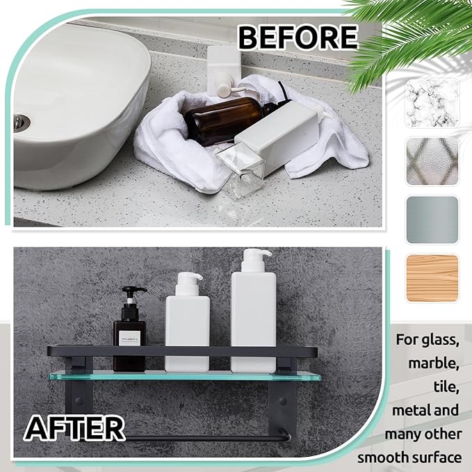 Suzile Set of 2 Glass Bathroom Shelves with Bar, Wall Mounted 15.7 x 4.7 Inches, Bathroom Shelves Hanging Modern Floating Shelf Metal Stick Room Rustproof Organizer Decorative(Black)