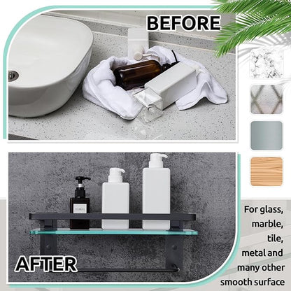 Suzile Set of 2 Glass Bathroom Shelves with Bar, Wall Mounted 15.7 x 4.7 Inches, Bathroom Shelves Hanging Modern Floating Shelf Metal Stick Room Rustproof Organizer Decorative(Black)