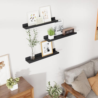 RICHFOCUS Floating Shelves for Wall, 24 inch Solid Wood Picture Ledge Shelf for Wall Storage, Nursery Book Shelves with Lip for Living Room Bathroom Bedroom Kitchen, Set of 3, Distressed Black