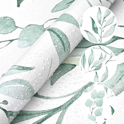 WENMER Green Leaf Wallpaper Floral Peel and Stick Wallpaper 17.7" x 394" Self Adhesive Watercolor Leaves Wall Paper Removable Floral Contact Paper for Cabinets Wall Decor