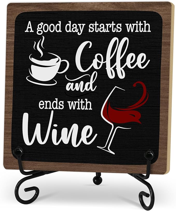 Coffee And Wine Desk Decor Sign, Rustic Wooden Sign With Stand, A Good Day Starts With Coffee And Ends With Wine Sign For Farmhouse Home Kitchen Bar Shelf Table, Gifts For Family Friend Coworker-06