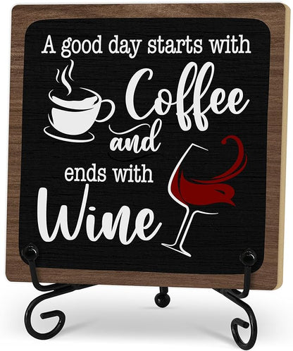 Coffee And Wine Desk Decor Sign, Rustic Wooden Sign With Stand, A Good Day Starts With Coffee And Ends With Wine Sign For Farmhouse Home Kitchen Bar Shelf Table, Gifts For Family Friend Coworker-06