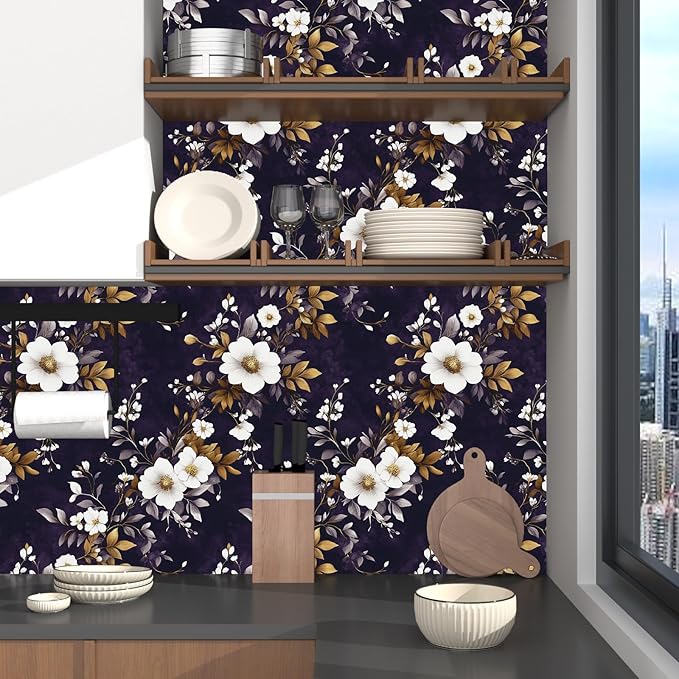 Vintage Floral Wallpaper Peel and Stick Purple White Flowers Contact Paper 17.5" x 118" Wall Paper Self Adhesive Vinyl Waterproof Removable for Kitchen Bathroom Shelves Cabinet Drawer Table Decor