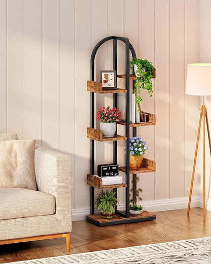 Corner Bookshelf, Curved 6-Tier Bookcase with Anti-Tip Kit, Adjustable Feet and Staggered Shelves for Living Room, Bedroom, Study, Office, Rustic Brown and Black TSJ06BF