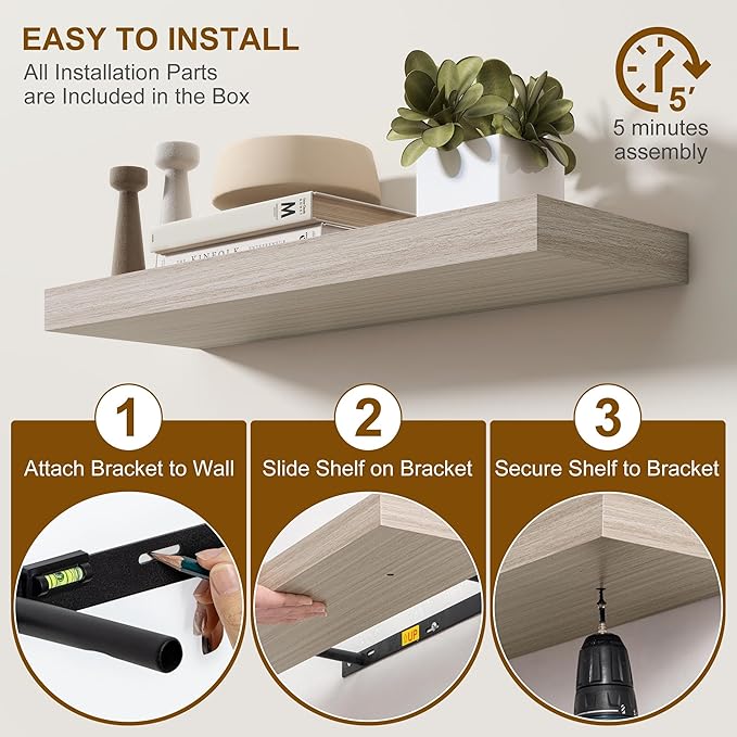 Fun Memories 66 Inch Fireplace Mantel - Long Floating Shelf, Wall Mounted Farmhouse Display with Invisible Heavy Duty Metal Bracket, Grey, 2 Pack