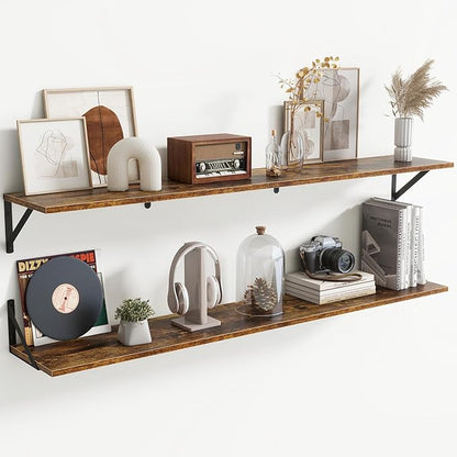 55" Long Wall Mounted Floating Shelves,8 inch Deep Floating Shelf with Metal Brackets Set of 2,Easy-to-Install Wall Decor Storage Ledges for Living Room,Bathroom,Bedroom,Kitchen,Office,Rustic Brown